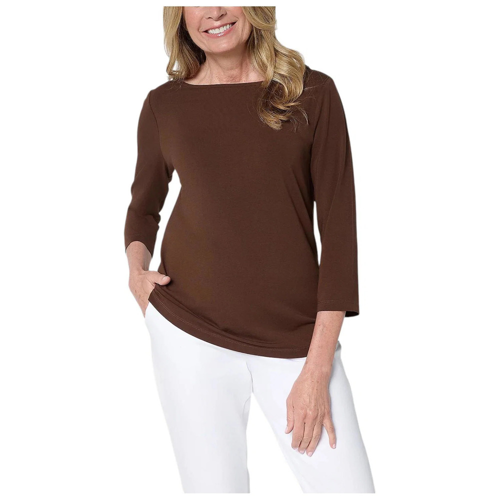 Attitudes by Renee Boat Neck 3/4 Sleeve Top Drk Roast - Regular